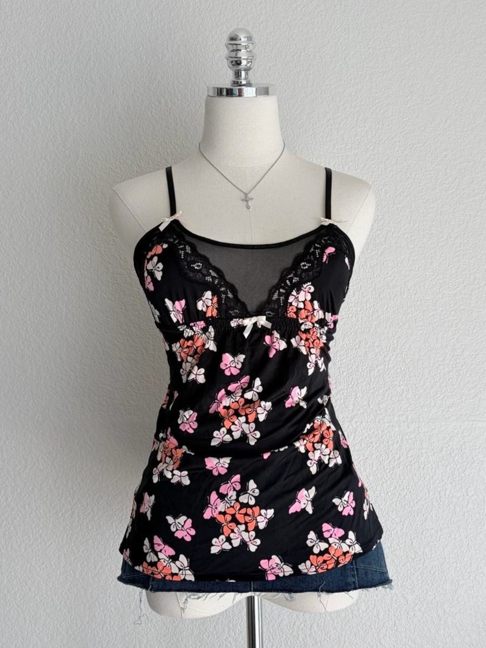 Floral Lace-Trim Black Cami Top with Pink & Coral Accents